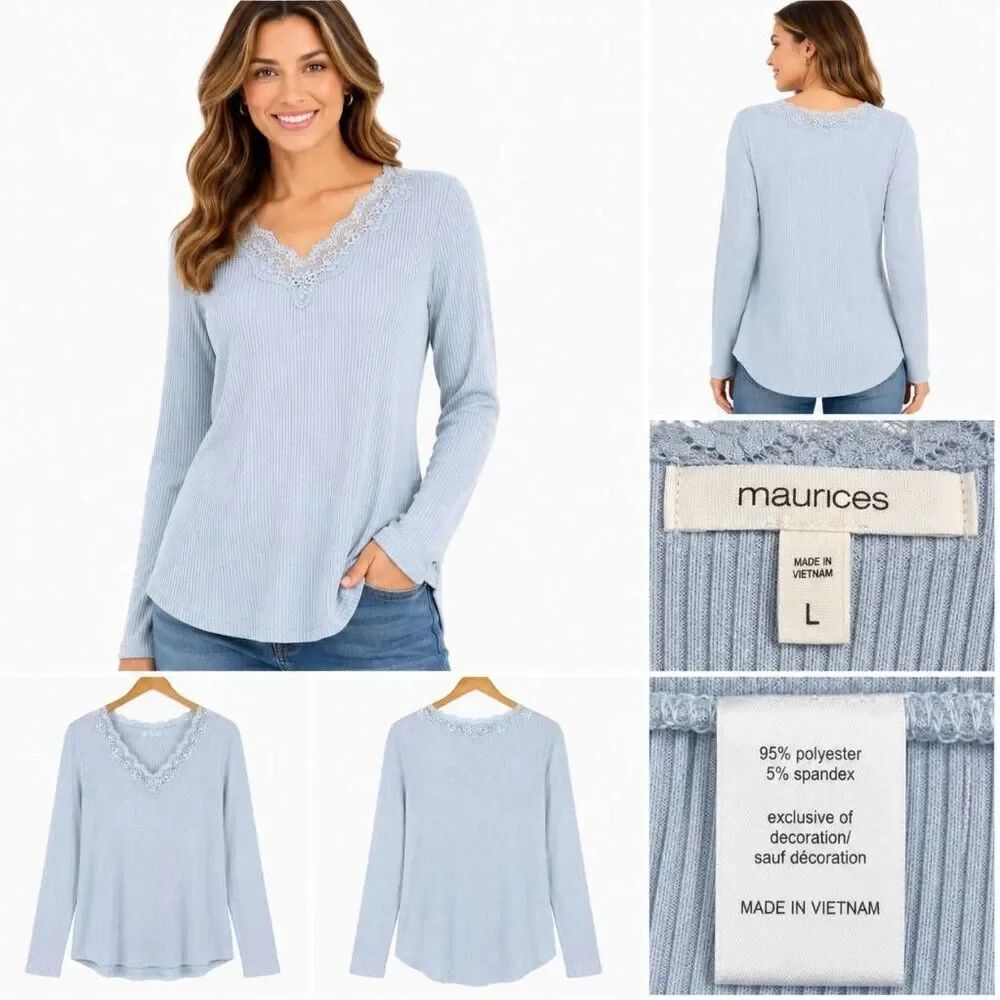 Maurices Lace Trim Rib Knit Top Large Light Blue